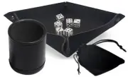 Set (6) 16mm White Dice Squared w/Pouch + Dice Rolling Tray + Dice Cup Bundle