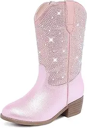 [Motasha] Rhinestone Sparkly Girls Cowgirl Cowboy Boots Little Kids Dress Boot Pointed Toes Low Heel Mid Calf Zipper Party Birthday Toddler to Big Kid
