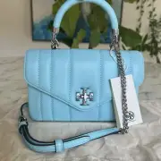 NWT Tory Burch Mini Kira Top-Handle Crossbody Bag Light Celeste Blue Leather