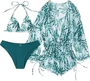 [Generic] Women's 3 Piece Swimsuit Leaf Print Halter Drawstring Side Bikini Set with Cover Up