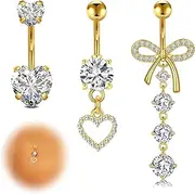[LAURITAMI] 14G Belly Button Ring Dangle Stainless Steel Belly Rings 14G Gold Belly Button Piercing Cute Navel Ring Belly Piercing Jewelry, 16G, Stainless Steel, cubic zirconia