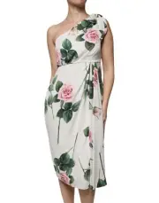 Dolce & Gabbana White Floral Silk One Shoulder Midi Women's Dress Authentic