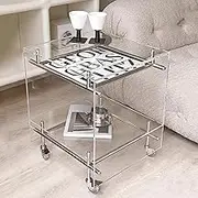 SHANGDAOYU Acrylic Side Table,Stainless Steel Frame,with Storage Shelf and Brakable Casters,for Small Spaces, Hallway, Living Room, Bedroom, Sturdy