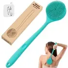 Silicone Long Back Scrubber with Adhesive Hook for Bathroom Shower Body Scrubber