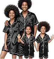 [Urkutoba] Matching Silk Pajamas Set for Family Summer Short Family Matching Sleepwear Suits Couple Satin Pjs Set