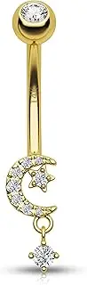 [CM Crareesi Mania] Moon Belly Button Bars 14K Solid Gold Navel Piercing Jewellery Cubic Zirconia Belly Rings 14G Yellow Gold Navel Rings for Women, 11mm, Cubic Zirconia