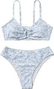 [OYOANGLE] Girl's 2 Piece Ditsy Floral Bikini Swimsuit Ring Linked Ruched Bathing Suit