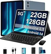 2025 Tablet 10 Inch Android 14 Tablets with Keyboard, 22GB RAM 128GB ROM, Widevine L1, Octa-Core, 8000mAh Battery, 5G Wifi, HD IPS Display, TF 1TB, GPS, Mouse, Case, Split Screen, Metal Body -Grey