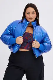 Blue Puffer Jacket Shiny Wet Look Lined Cropped