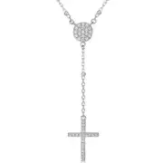 Sterling Silver Cross Drop Rosary Necklace with Cubic Zirconia