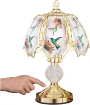 3-Way Touch Table Lamp Colorful Hummingbird Scene Glass Gold Base Home Decor