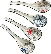 Kitchen Ceramic Spoons Soups Set of 4 Long Handle Hook Soup Spoon Hand Crafted Tableware Tablewares(Large)