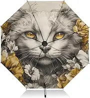[PDZRMY] Head Cat Flowers UV Protection Travel Umbrella Compact for Rain and Sun - Auto Open and Close UPF 50+ Windproof Portable 46” Sun Umbrella for Women and Men