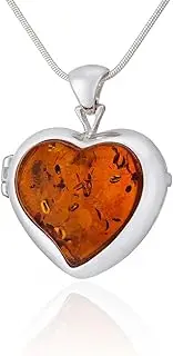 [AMBEDORA] Women's 925 Sterling Silver Necklace with Nano Coating Baltic Amber Heart Locket Amber Heart on a Chain with a Snake Chain Gift Set., Silver with protective nano coating, Amber