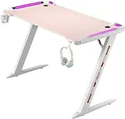 RGB Light Pink White Gaming Desk Z Shaped with Cup Holder Headphone Holder, Ergonomic, Workstation Computer Desk Carbon Fibre Textured, Stable Structured Frame, Anti-Slip Foot Pad (120cm)