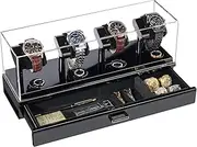 ProCase Wooden Watch Display Case, 4 Slot Watch Display Stand with Removable Acrylic Cover, Watch Case with Drawer, 2-Layer Mens Watch Box, Ring and Watch Holder Organizer for Men -Black