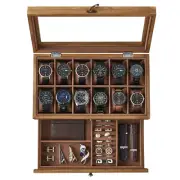 12-Slot Watch Box 2-Tier Watch Display Case with Large Glass Lid Jewelry Storage