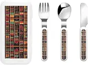 Library Bookshelf Book 3 Piece Set For Camping Stainless Steel Flatware, Spoon, Fork, Knife, Ideal For Outdoor