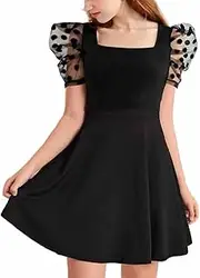 [LuckyShe] Girls Square Neck Princess Dresses Polka Dot Mesh Puff Sleeves High Waist A Line Party Dress for 8-14 Years
