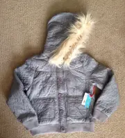 Paul Frank Gray Girl's Jacket w/ Faux Fur Hood, Size 8 NEW