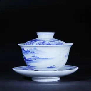 近園景德鎮青花瓷山水三才蓋碗手繪泡茶碗功夫茶杯陶瓷茶具