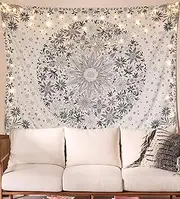 WE-ART Bohemian Tapestry Wall Hanging,Floral Tapestry with Dotted Daisy Medallion Print Bedroom Boho Hippie Home Decor, Fabric Polyester, White, Small（50"×60"）