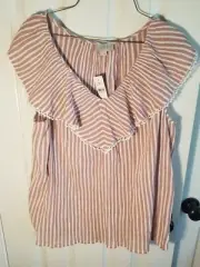 NWT Loft Pink/White Striped Women's Ruffle Cap Sleeved Top, Sz. XL Academic