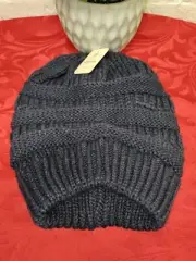 MTI Ponytail Beanie Navy Blue Knitted Winter Cap Hat