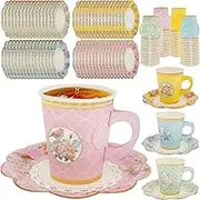 64 Sets Tea Party Supplies,Floral Paper Tea Cups and Saucers,Colorful Flower Teacups,Floral Tea Cups with Handle for Hot Cold Beverage Birthday Wedding