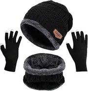 [Weforu] Winter Beanie Scarf Gloves Set for Men Women Thick Warm Sets Knitted Scarf Beanie Hat Touchscreen Gloves Neck Warmer(Black 3 Pieces)