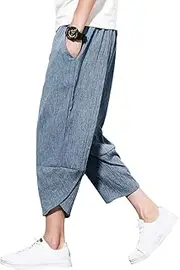 PRIJOUHE Men's Harem Capri Pants, Wide Leg Mens Capris, Summer Linen Pants