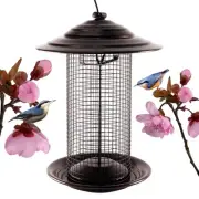 Outdoor Metal Mesh Bird Feeder, Cylindrical Metal Mesh Feeder with Metal Dome...