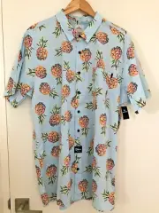 Rip Curl Mens Size XXL Cotton Short Sleeve Light Blue Pineapple Print Shirt NWT