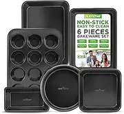 NutriChef 6-Piece Nonstick Baking Pans Set - Black Carbon Steel with Premium Non-Stick Coating - Includes Cookie Baking Sheets, 12-Cup Muffin Pan, Roasting Pan, Loaf & Cake Pans - Dishwasher Safe