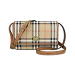 【BURBERRY 巴寶莉】BURBERRY HAMPSHIRE圓標LOGO格紋帆布拼接小牛磁釦式斜背包(米格紋X棕)