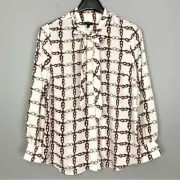 Talbots Crepe Tie Neck Blouse Women’s Size L Button Front Chain Print Equestrian