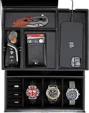 KALETY Mens Jewelry Box Organizer & Dresser Valet Tray - Premium Nightstand Station for Watches, Rings, and Accessories - Stylish Mens Dresser Top Organizer with Multiple Compartments and Soft Lining