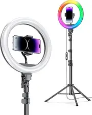 10'' Ring Light with Stand 72'' Tall & 2 Phone Holders,15 Color Modes Selfie LED Ring Light with Tripod Stand for iPhone/Android,Big Ring Light for Camera,Makeup (10''RPG LIGHT)