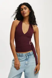 [Cotton On Women] Cotton On Women - Buckle Belt Tie Halter Top - Deep pomegranate S DEEP POMEGRANATE