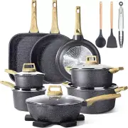 21Psc Pots and Pans Set Non Stick - Grey Granite Kitchen Cookware Sets Nonstick