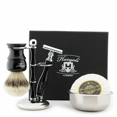 Silvertip Badger Hair Shaving Brush with DE Safety Razor, Men's Luxury Black Kit
