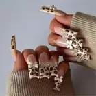 24 Pcs French Tip Press On Nail 3D Bows False Nail Leopard Print Acrylic Nail
