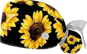 [WOSHJIUK] Working Hat 2 Pack Scrub Caps for Women,Art Style Sunflower,Tie Back Cap Adjustable Scrub Hat