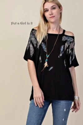 New VOCAL Womens CRYSTAL BLACK FEATHER COLD SHOULDER TOP SHIRT S M L XL 1X 2X 3X