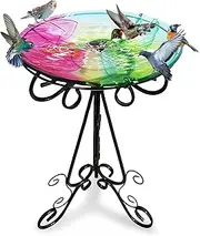 OUISJYER Large Bird Bath for Outside, 18" W Glass Bath Bowl with Metal Stand 28" H Standing Outdoor Birdbaths for Garden Yard Lawn Decor (Hummingbird-B)