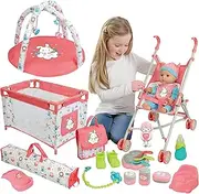 Kids 18-Piece Newborn Talking Baby Doll Stroller Nursery Role Play Set w/ Playpen, Play Mat, Accessories (14" Doll Included)