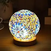 DJAPWPX Mosaic Glass Lamps, Retro Bohemian Glass Table Lamps, 3 Color Dimming Glass Mosaic Ball Lights, Adjustable Brightness Night Lights, Table Lamps with USB Port for Bedroom Office (Colourful)