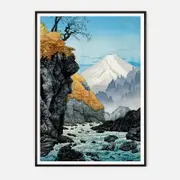 Galrie Stunning Scenic Mountain River Ukiyo-e Art Print for Home Decor, Black Frame, 50 x 70cm (20 x 28inch)