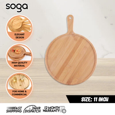 SOGA 11" Blonde Round Premium Wooden Serving Tray Board Paddle w/ Handle Home