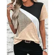 Women's T Shirt Casual Color Block Print Short Sleeve Regular Tops Round Neck Daily Sky Blue Khaki Gray Summer